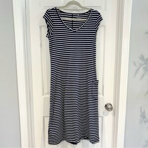 Toad & Co MUSE Blue White Striped Ruched Side Midi Dress Sz M Pocket Cap Sleeve